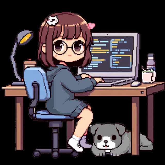 Pixelated female character sitting at a desk, coding. There is a pitbull sleeping next to her leg.